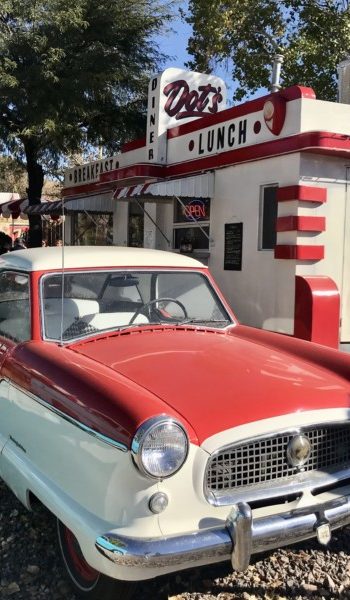 Antique car parked in front of Dot's Diner in Lowell, AZ