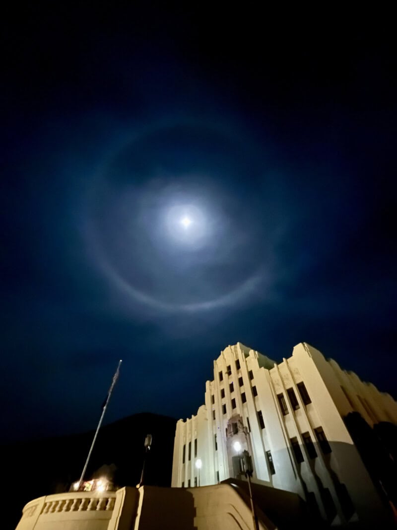 Full moon over the Art Deco-style county courthouse in Bisbee, AZ