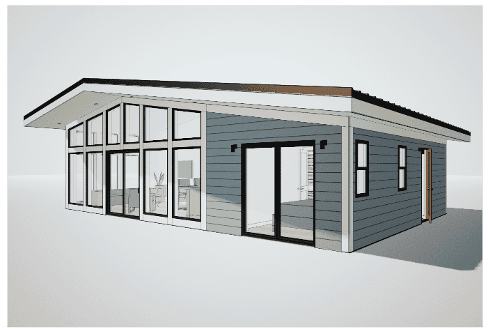 Rendering of a pre-fab home with lots of windows to be built in Colorado